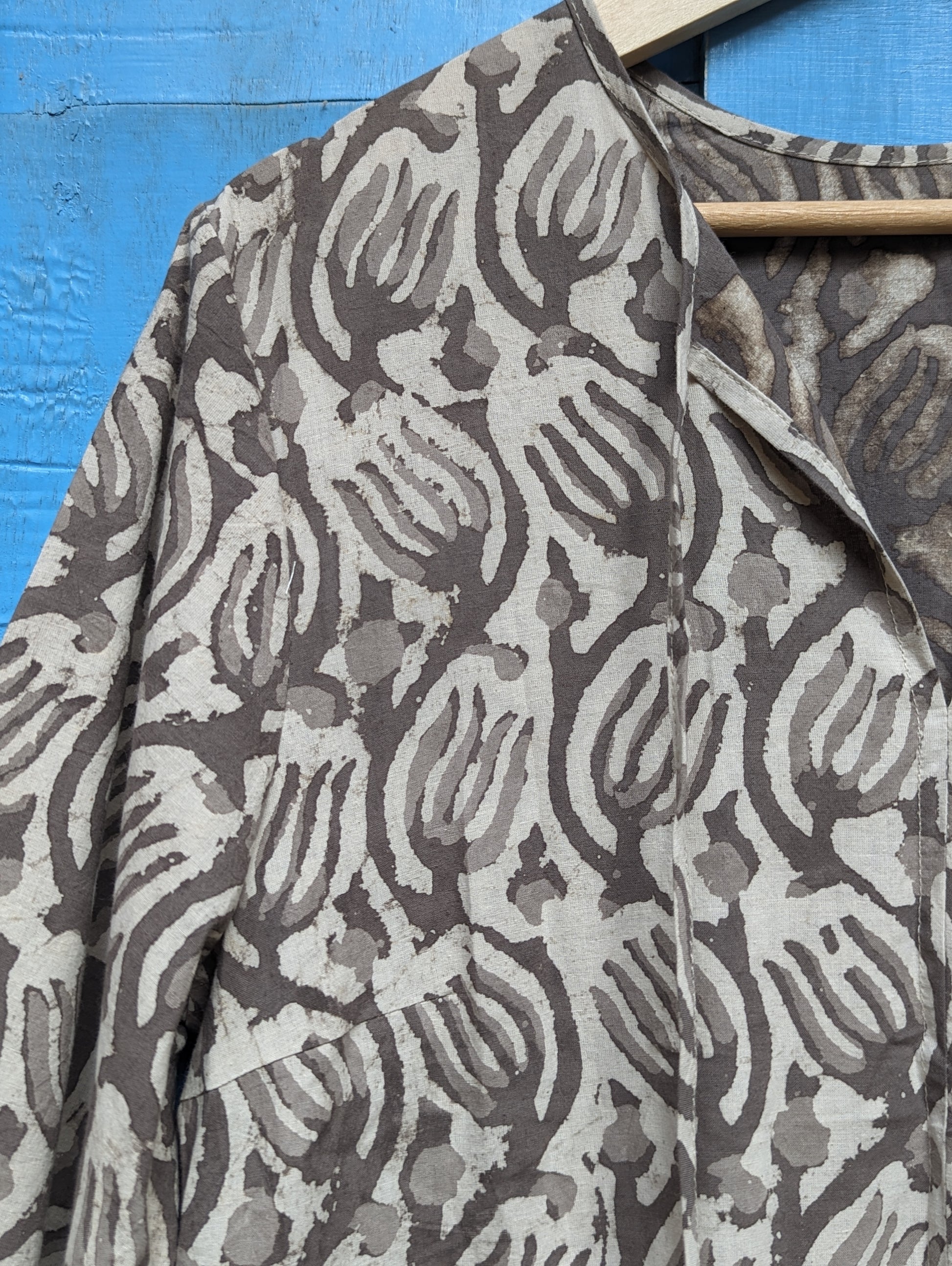 Women's cotton full length dress with 3/4th sleeves, block print - Closeup Image