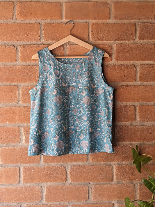 Women's Cotton Sleeveless Top - Block Print - Blue - Front Image