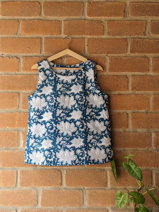 Women's Cotton Sleeveless Top - Block Print - Blue & White - Front Image