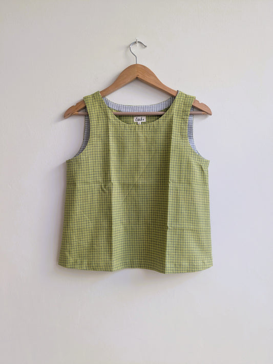 Women's sleeveless top in handloom cotton in green checks - front image