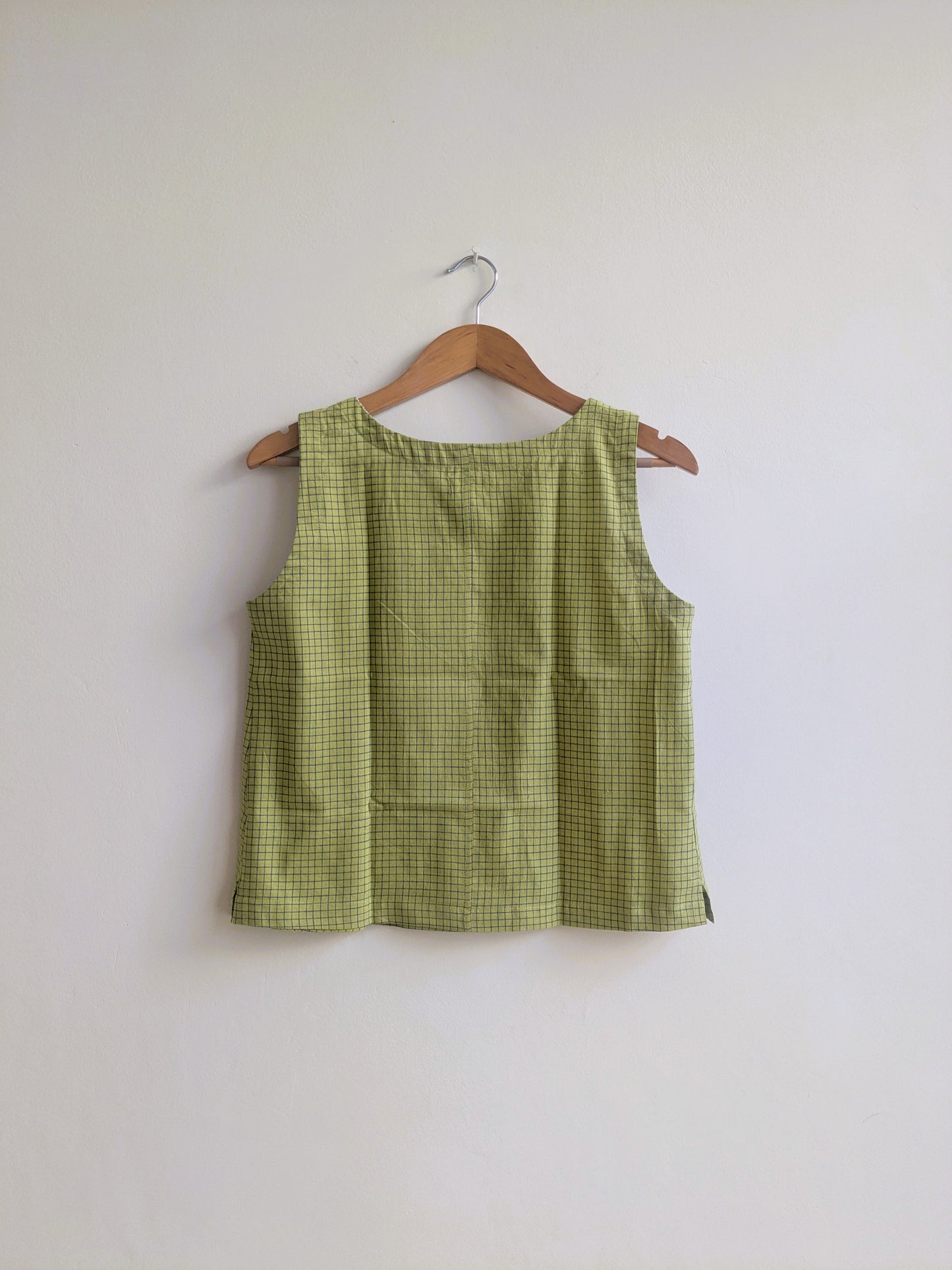 Women's sleeveless top in handloom cotton in green checks - back image
