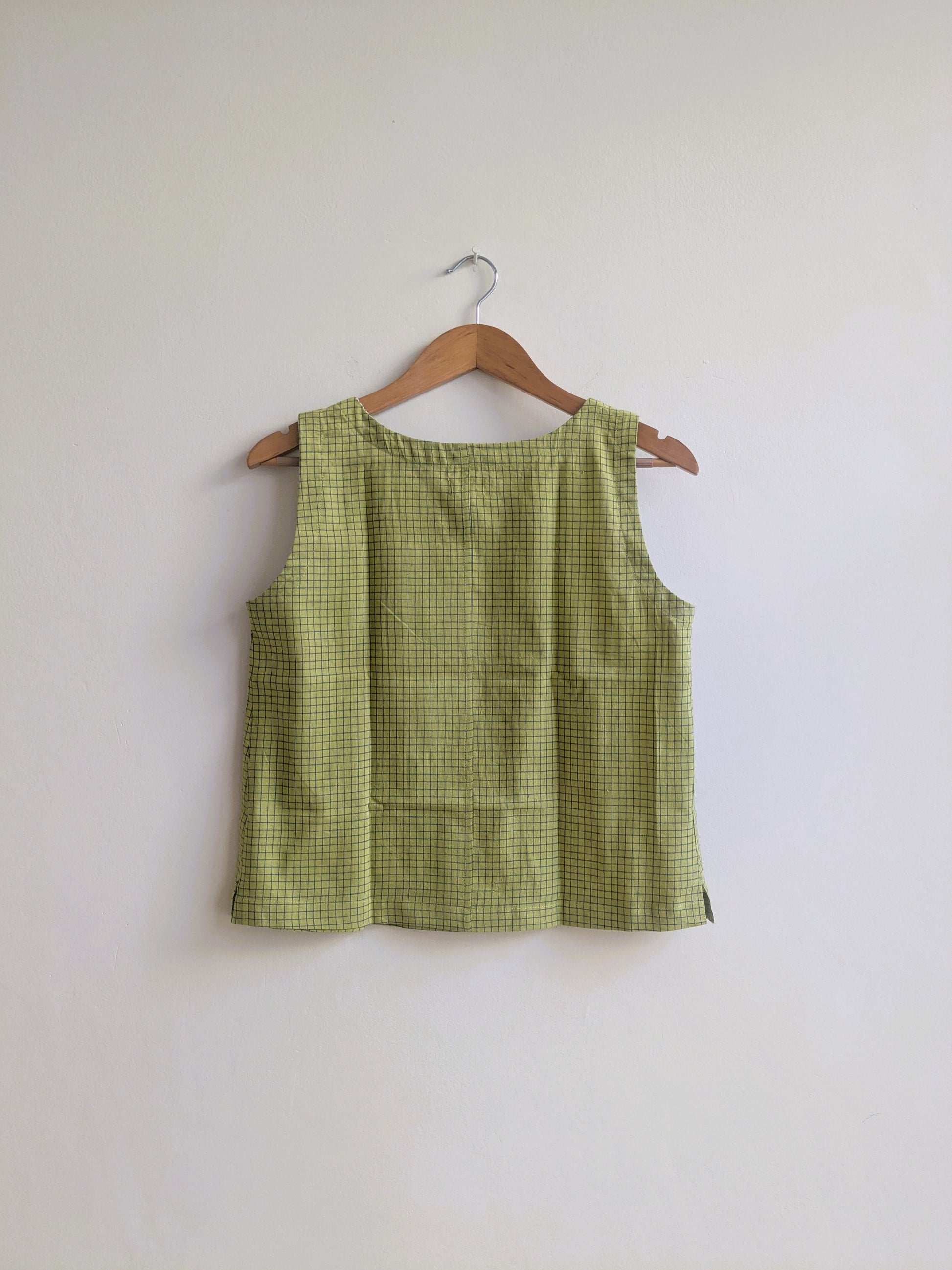 Women's sleeveless top in handloom cotton in green checks - back image