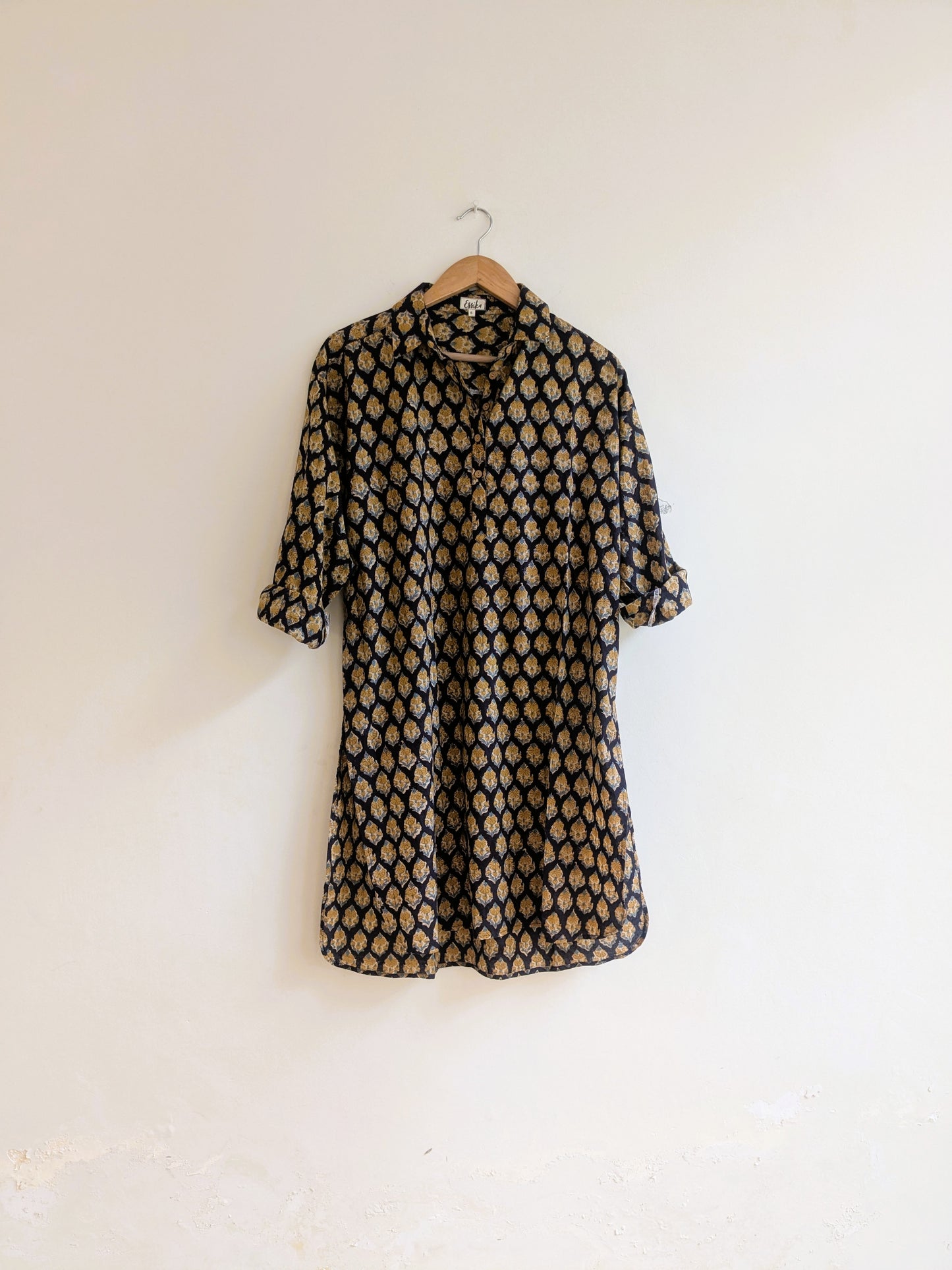 Women's cotton block printed, full sleeves kurta in navy blue - Front image