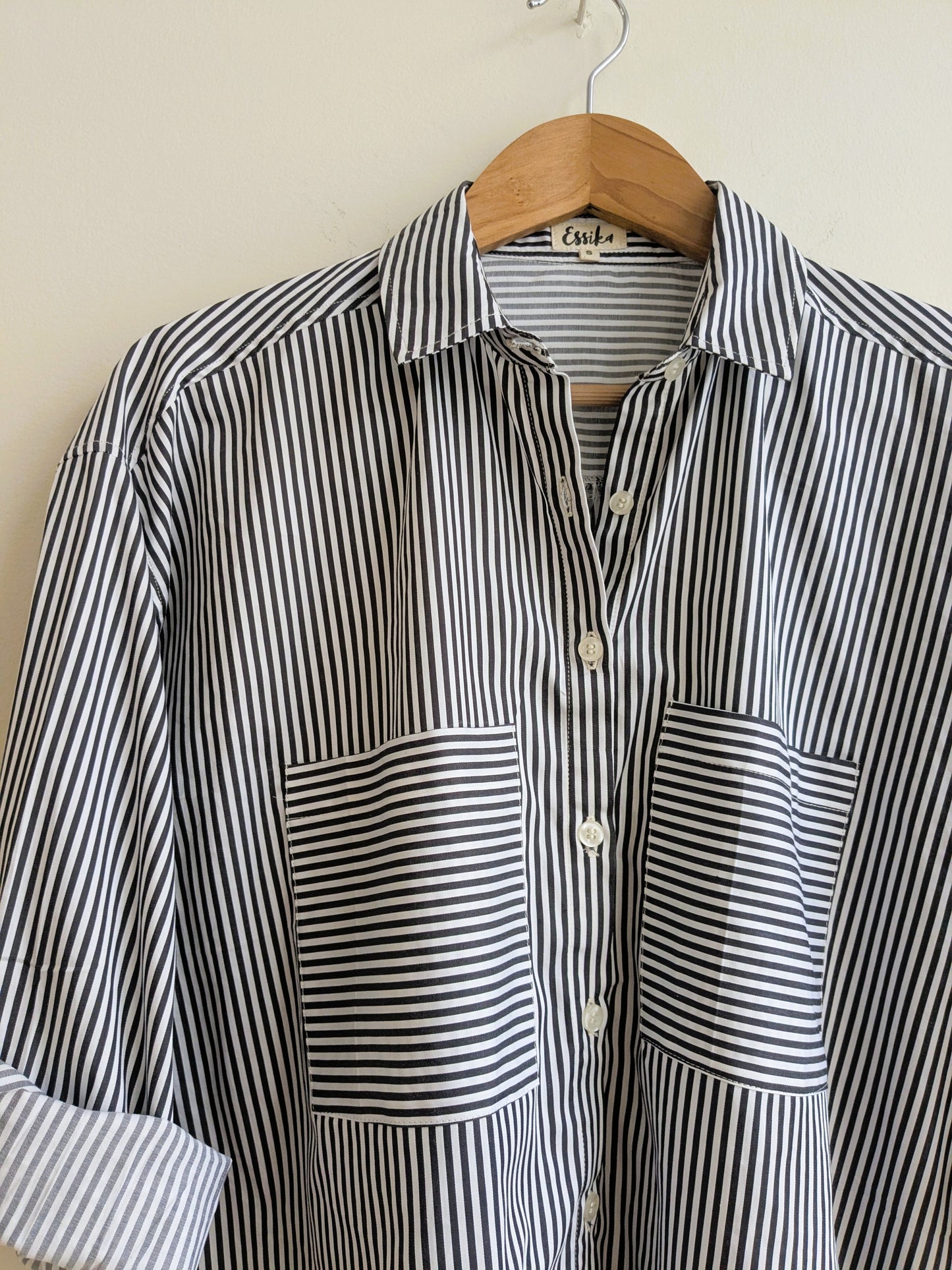 Women's oversized cotton shirt in black stripes with full sleeves and pocket - closeup image