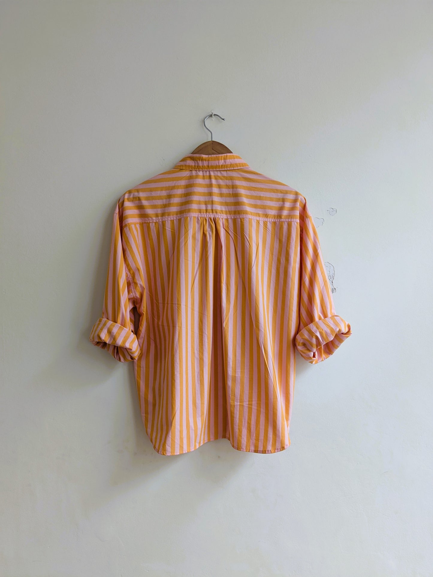 Women's oversized cotton shirt in orange and pink stripes with full sleeves - back image