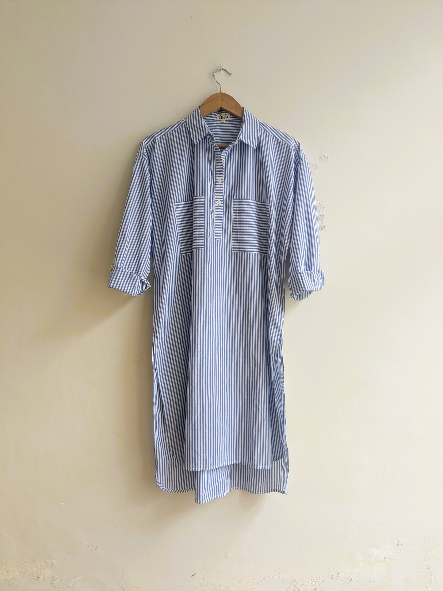 Women's cotton oversized kurta, full sleeves in blue and white stripes - Front Image