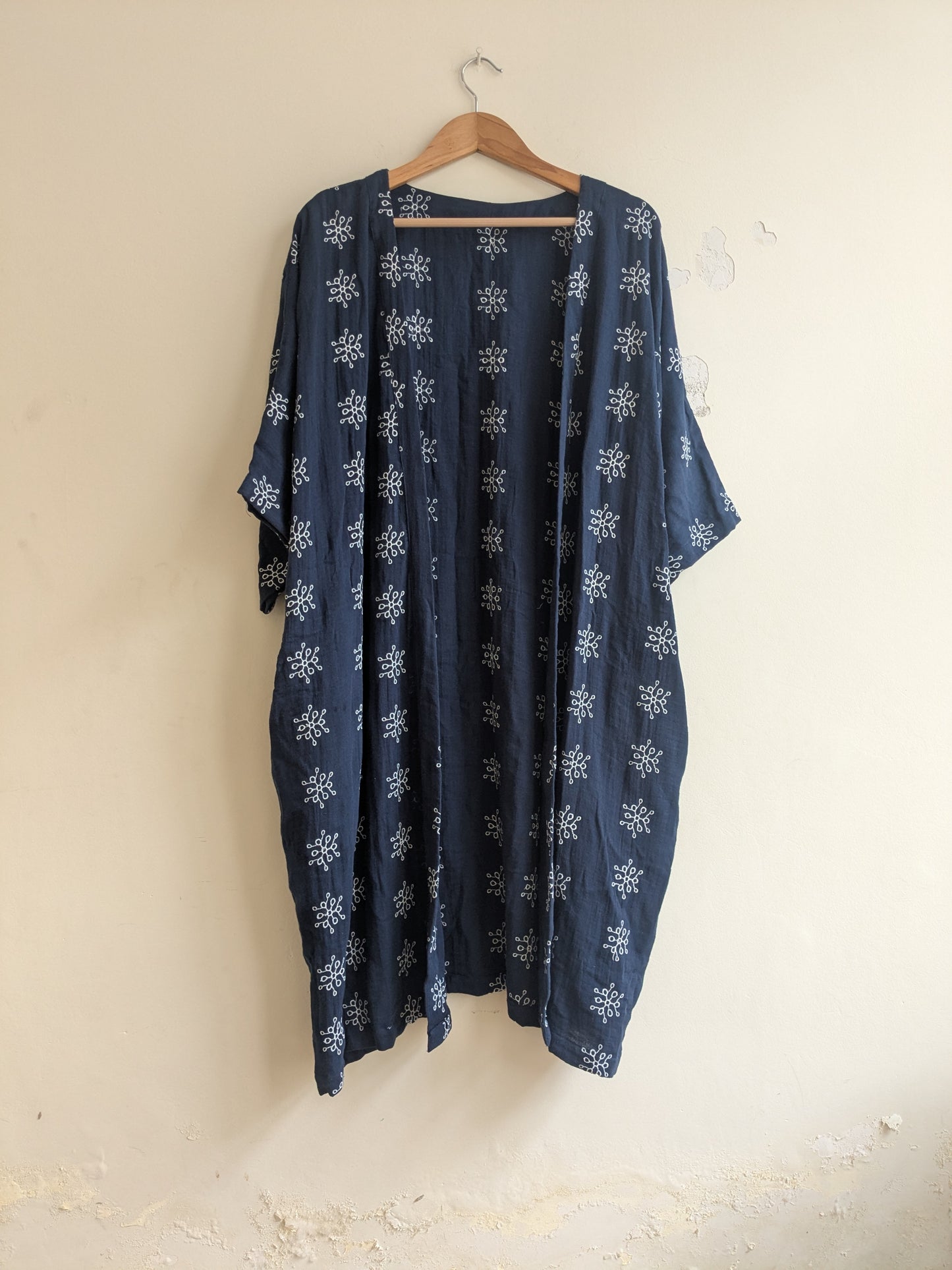 Women's Dojo Wrap - Long, cotton in navy blue and white floral print. - front image