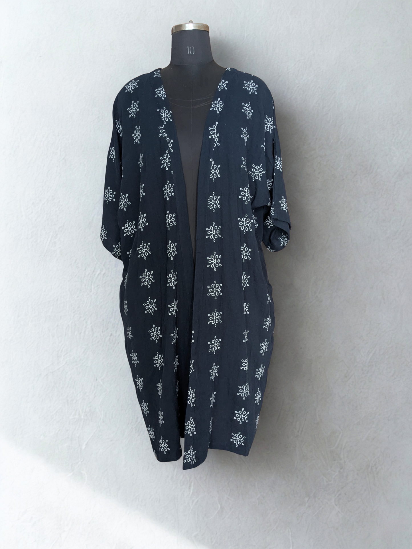 Women's Dojo Wrap - Long, cotton in navy blue and white floral print - front image
