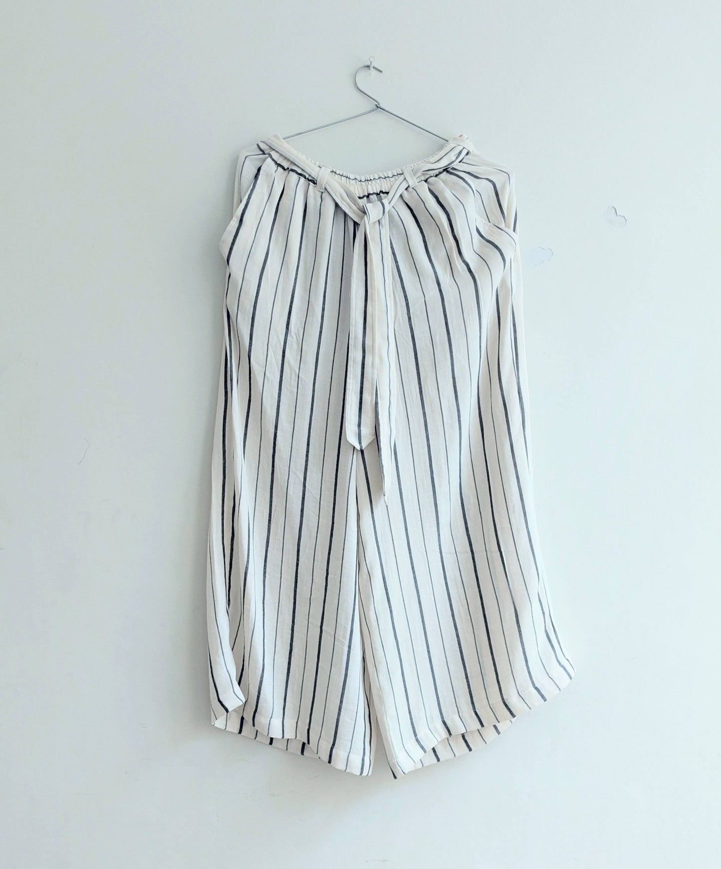 Women's cotton coord set  in black stripes - full elasticated pants with separate belt  - front image