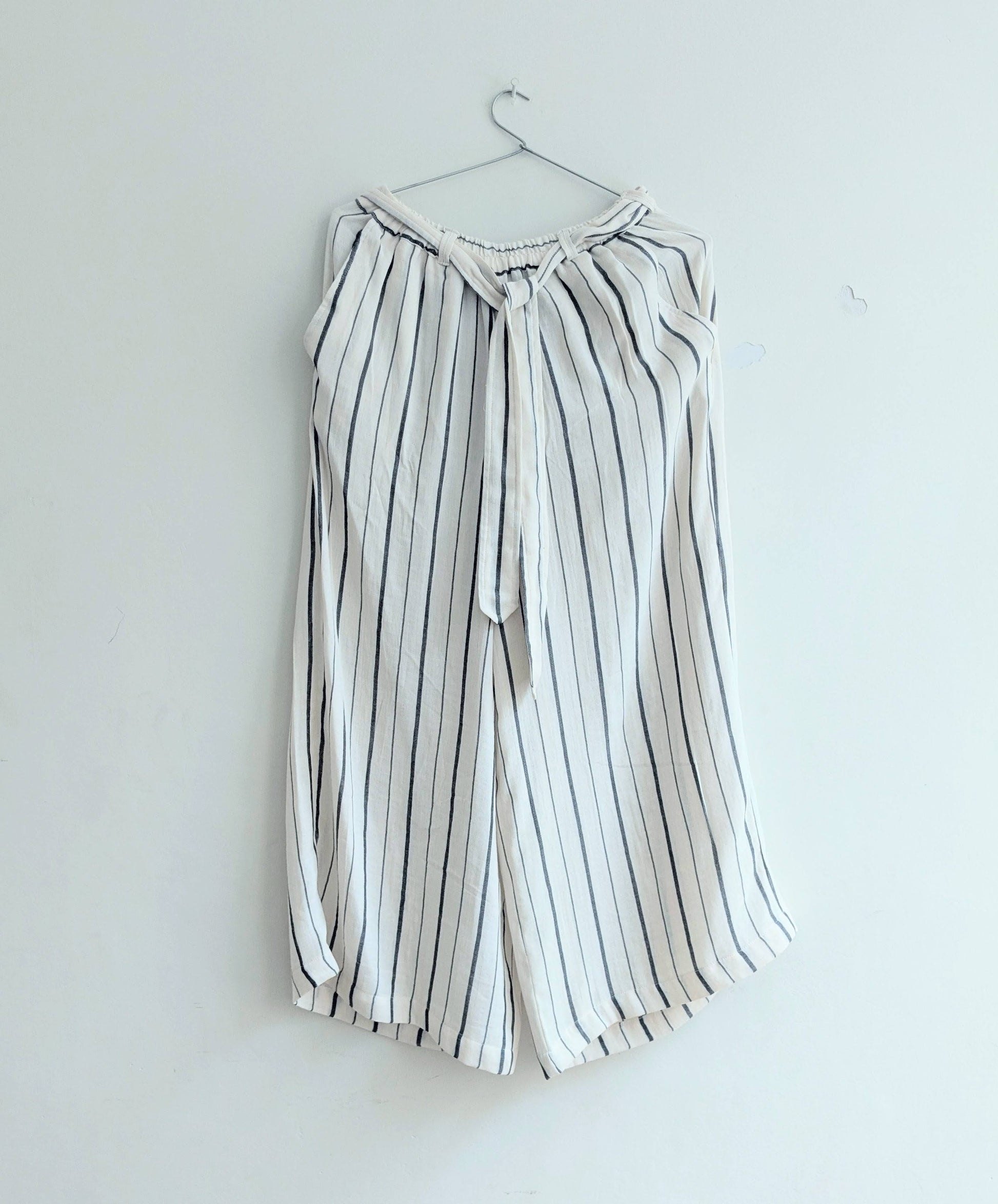 Women's cotton coord set  in black stripes - full elasticated pants with separate belt  - front image