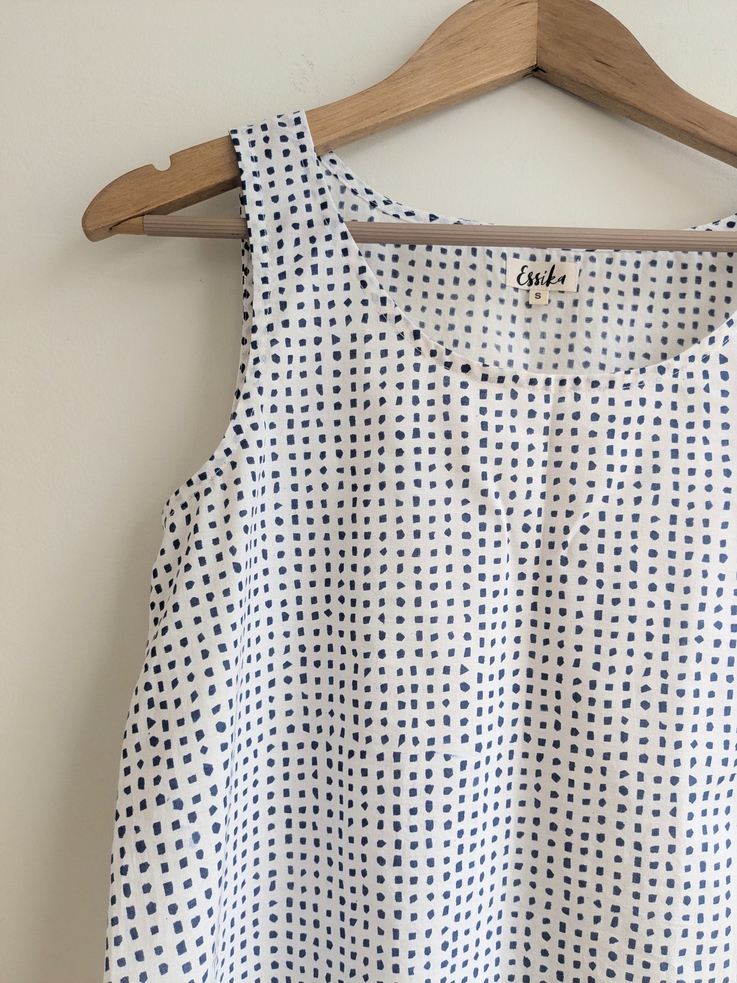 Women's tank top in block print cotton in blue and white - closeup image