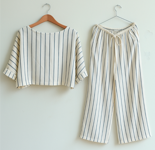 Women's cotton coord set  in black stripes - top and pants full image