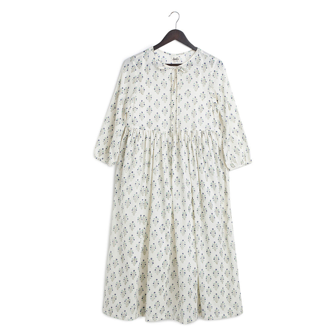 Cotton long gathered dress - Block print, Teal & Indigo -Front Image