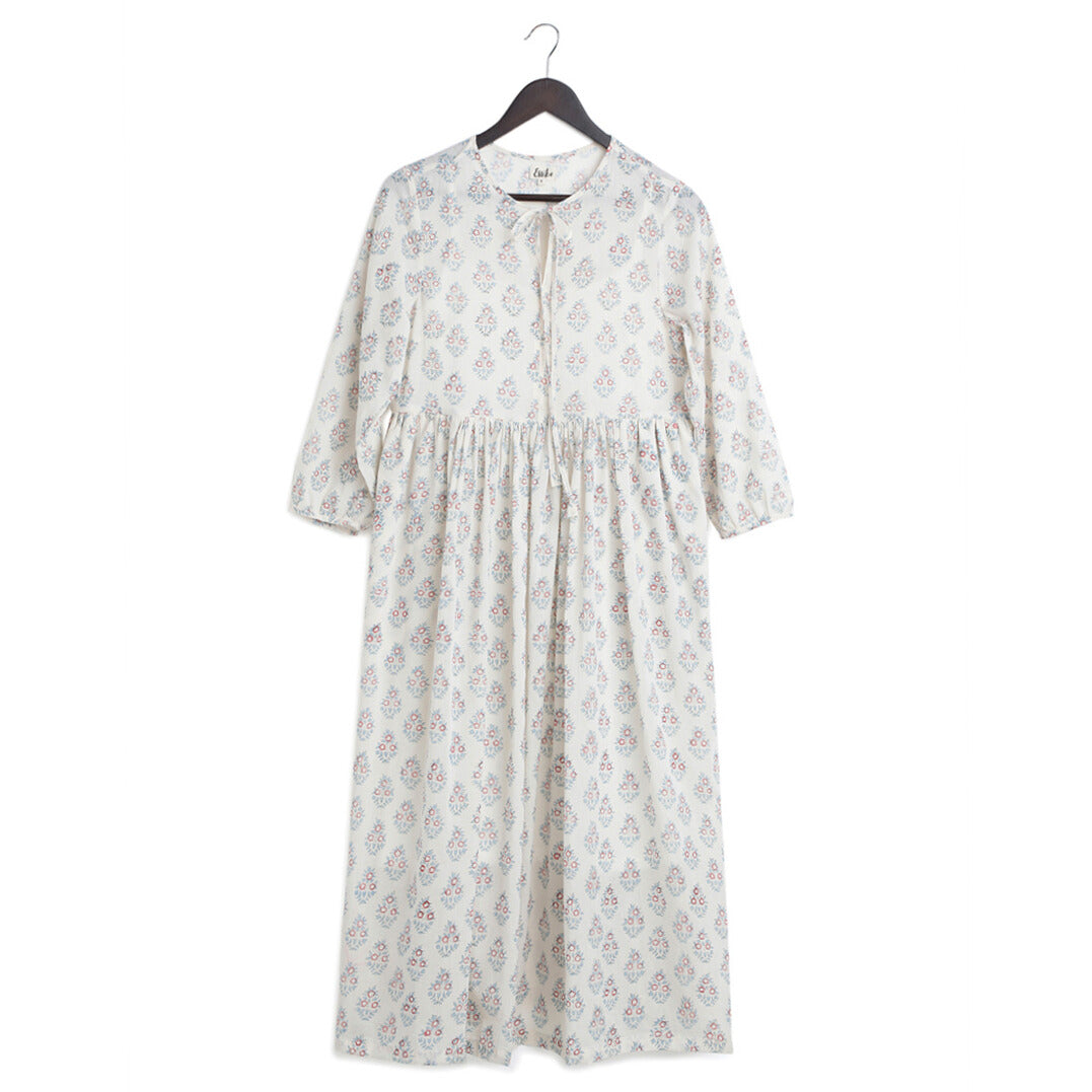 Cotton long gathered dress - Block print, Teal & Red - Front Image