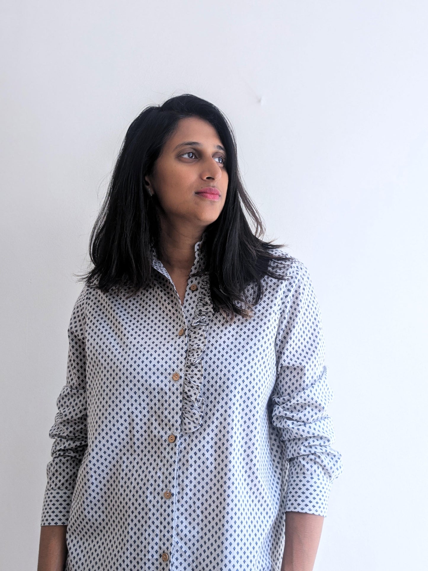 Women's full sleeves cotton ruffle shirt in grey & blue - front image