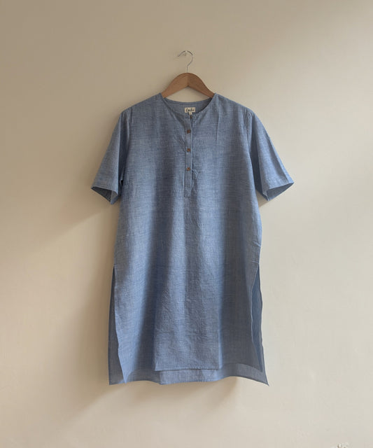 Women's long cotton kurta with half sleeves in blue  - front image