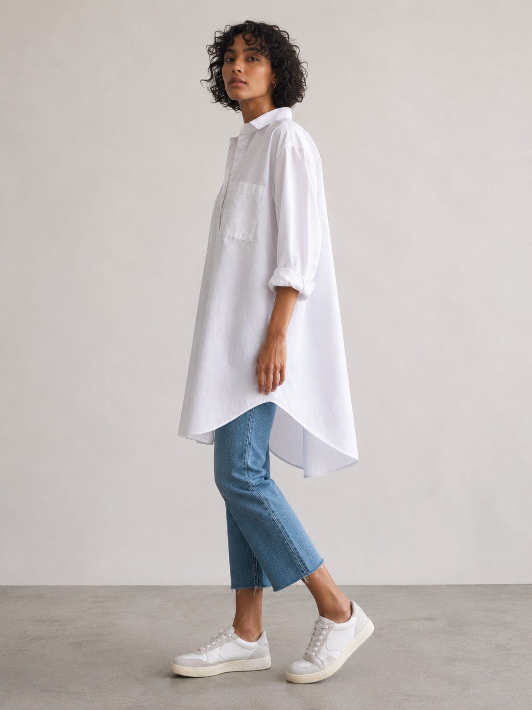 Women's shirt dress in white poplin - model image