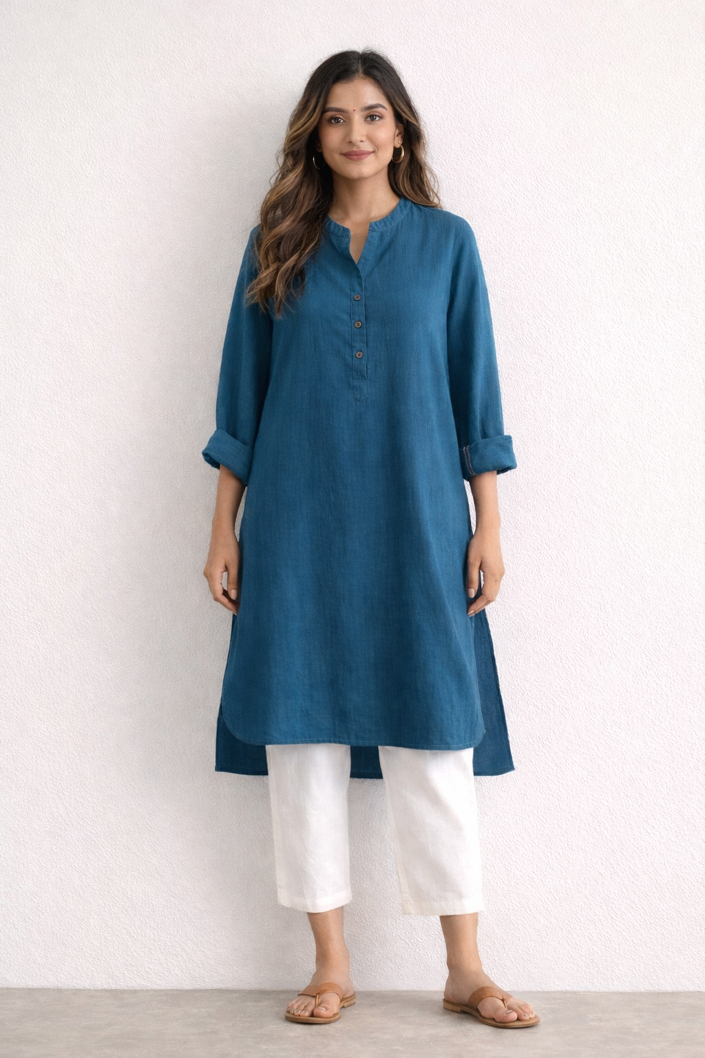 Women’s regular-fit cotton gauze kurta with V-neck and full sleeves with cuffs in teal colour - model front image