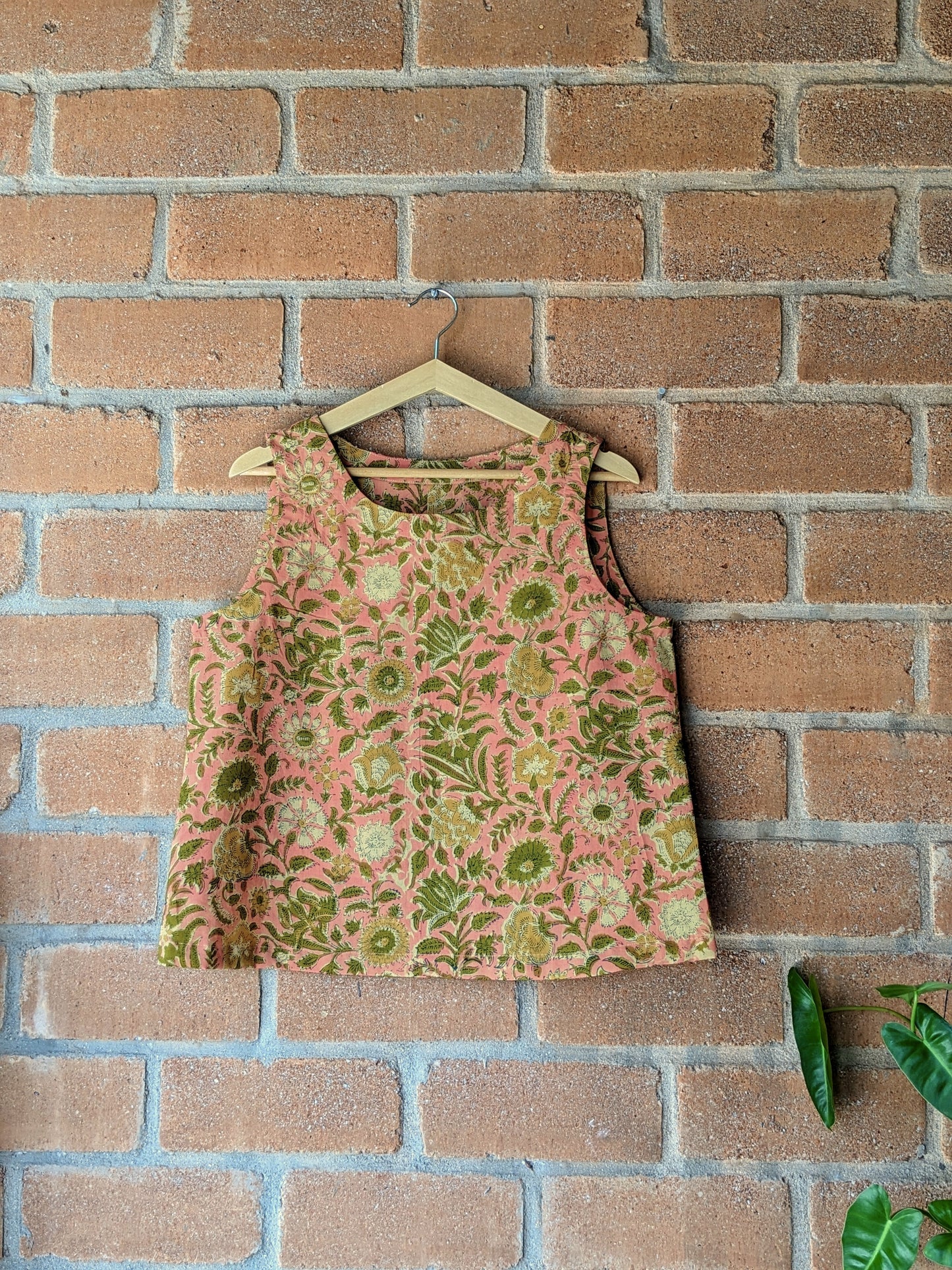 Women's Cotton Sleeveless Top - Blush Pink & Olive _ Front Image