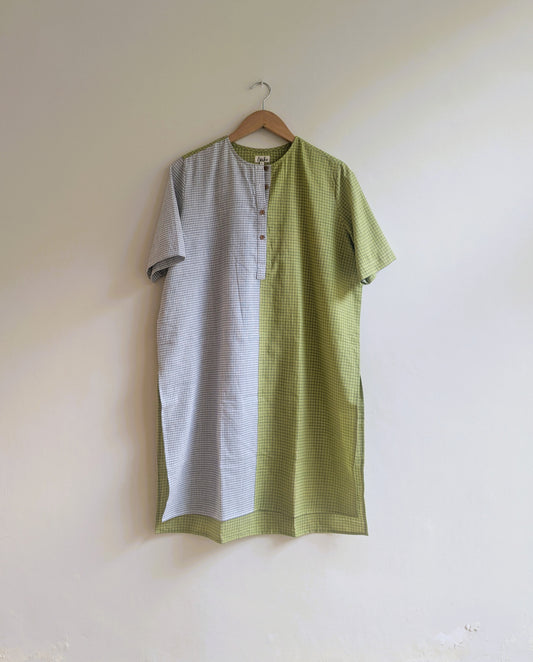 Women's long regular fit kurta with half sleeves  in green and black checks - Front image