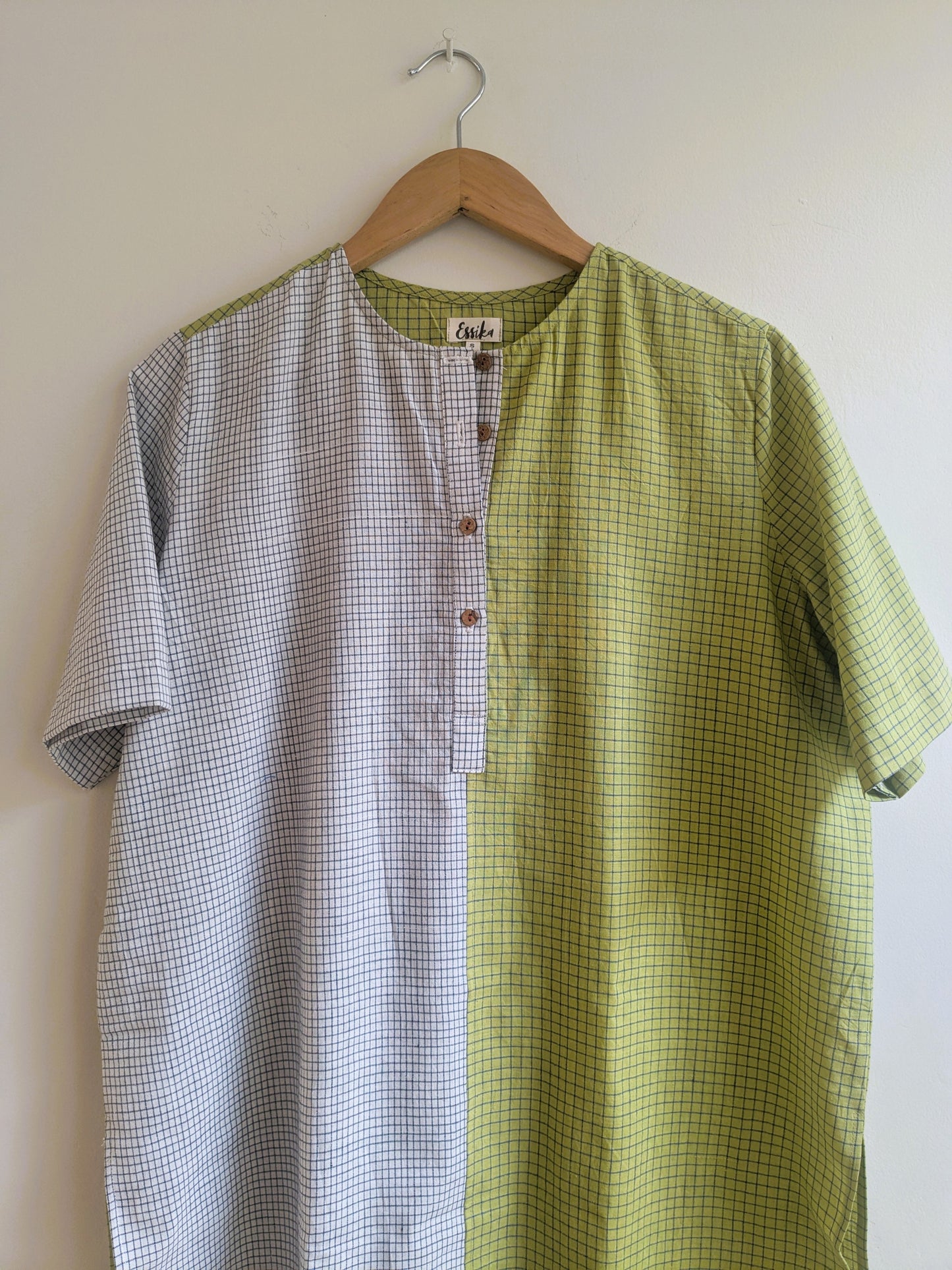 Women's long regular fit kurta with half sleeves  in green and black checks - closeup image