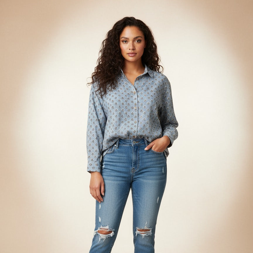 Women's Oversized Shirt | Block Print | Blue