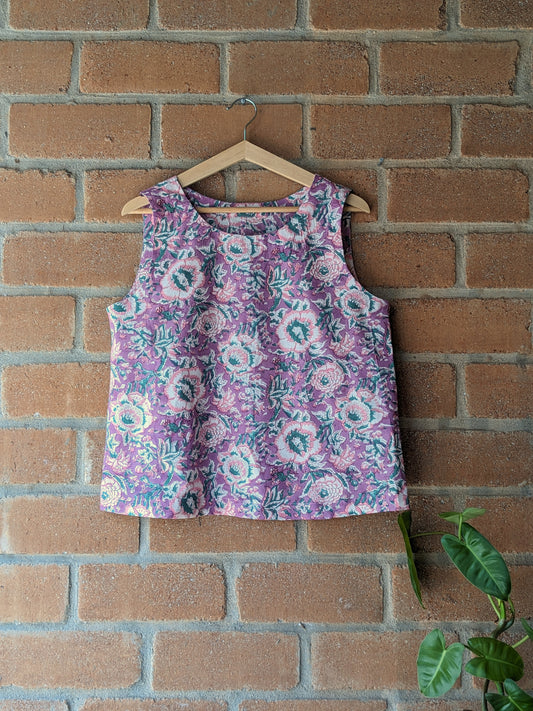 Women's Cotton Sleeveless Top - Pink -Block Print - Front Image