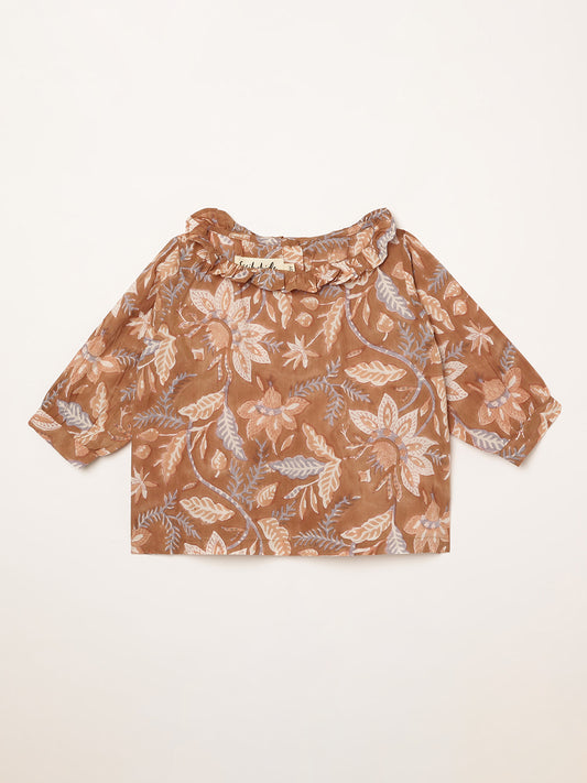 Block print blouse in brown and lavender print. Age 1-4 years.