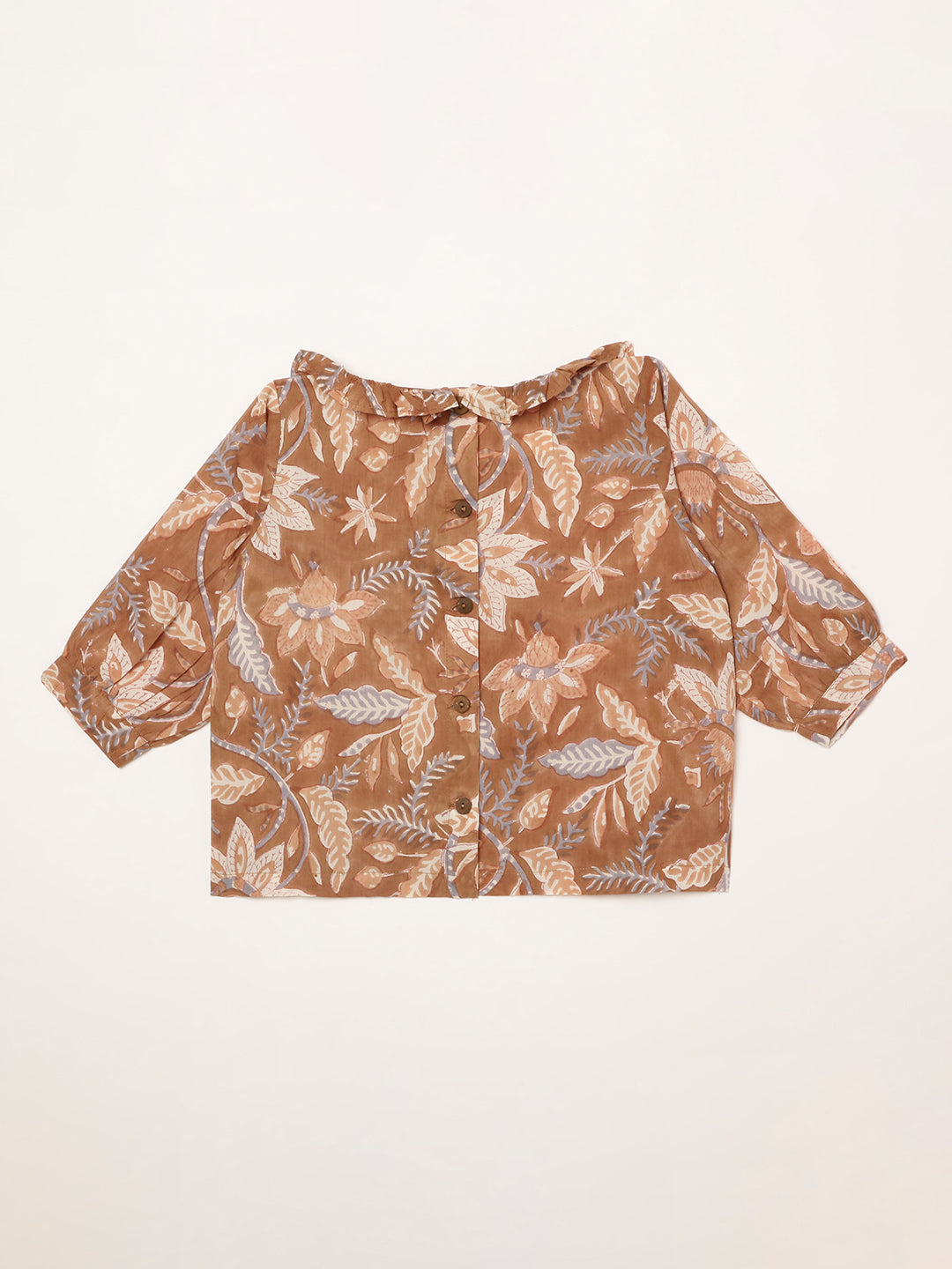 Blouse à volants (Marron) | Coton biologique imprimé en bloc | 1 an à 3 ans