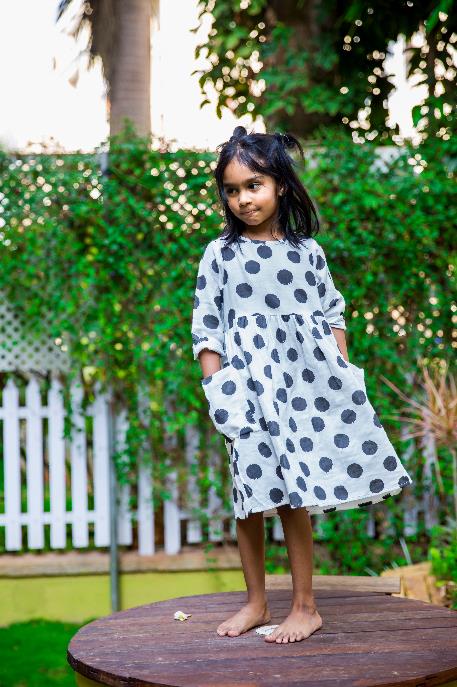 Polka Dot Cotton knee length dress for girls 1yr to 8 yrs - Front