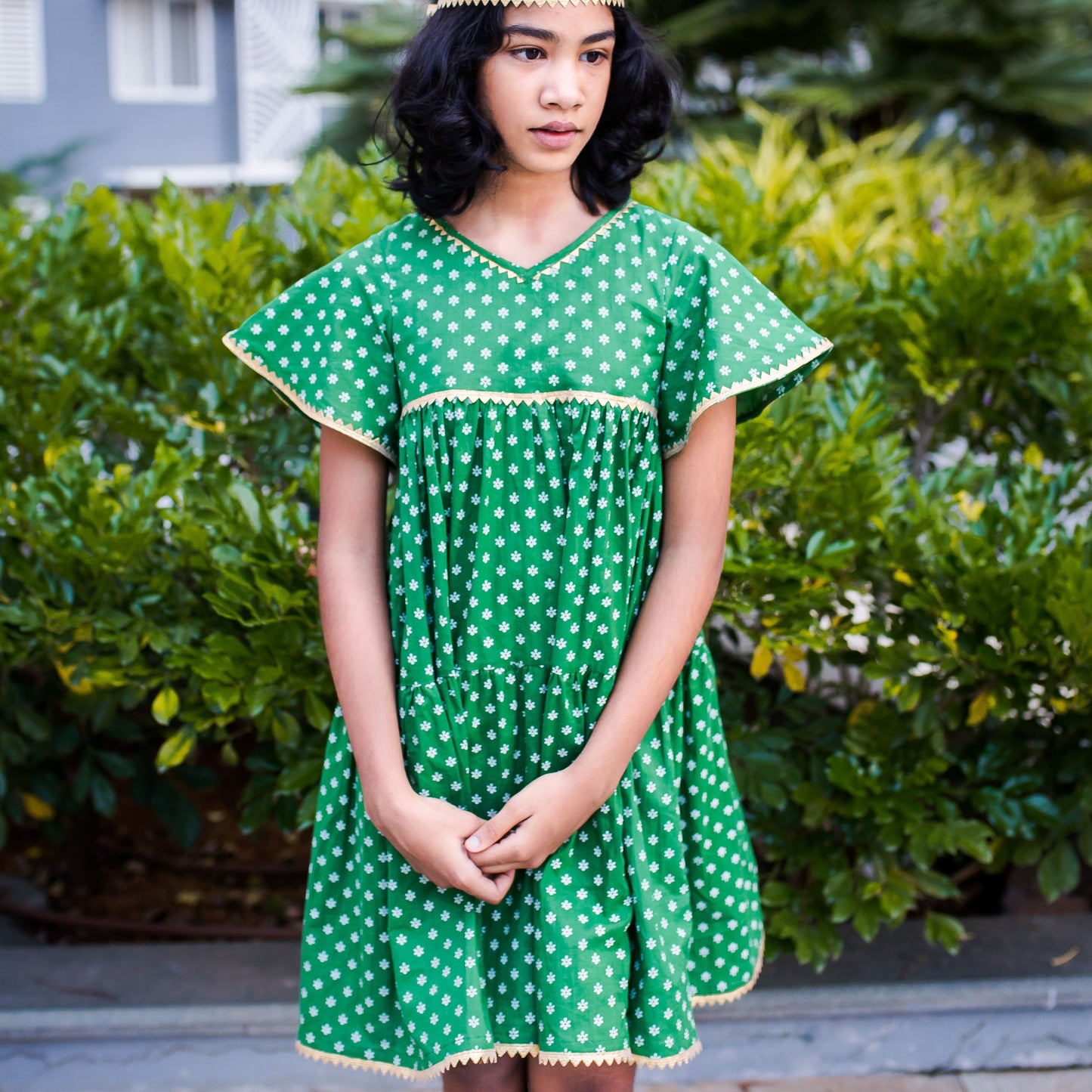 Girls Cotton Green Dress - 4 yrs to 12 yrs - Front
