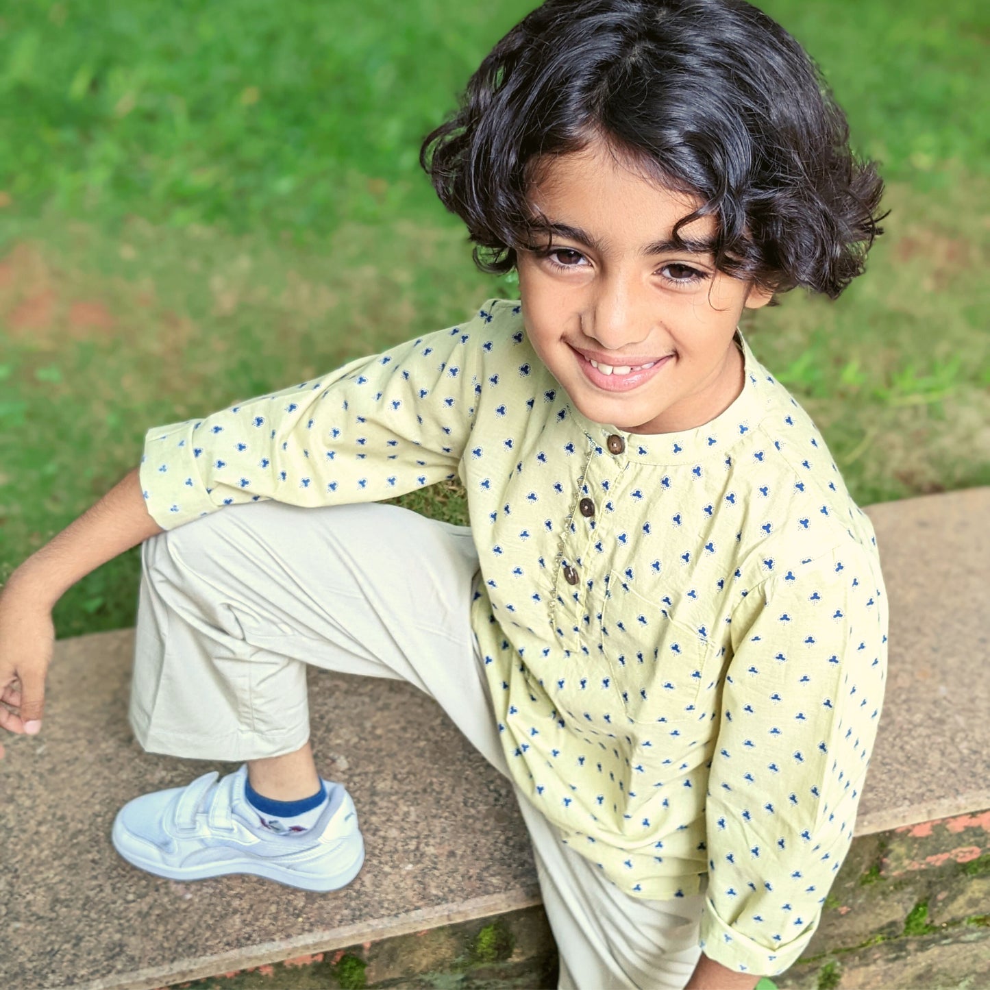 Boys Cotton Shirt Full Sleeves Clover print Lemon - 2 yrs to 12 yrs - Front