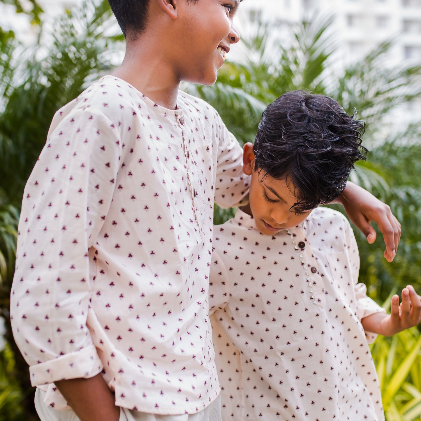 Boys Cotton Shirt Full Sleeves Peach Clover Print - 2 yrs to 12 yrs - Front
