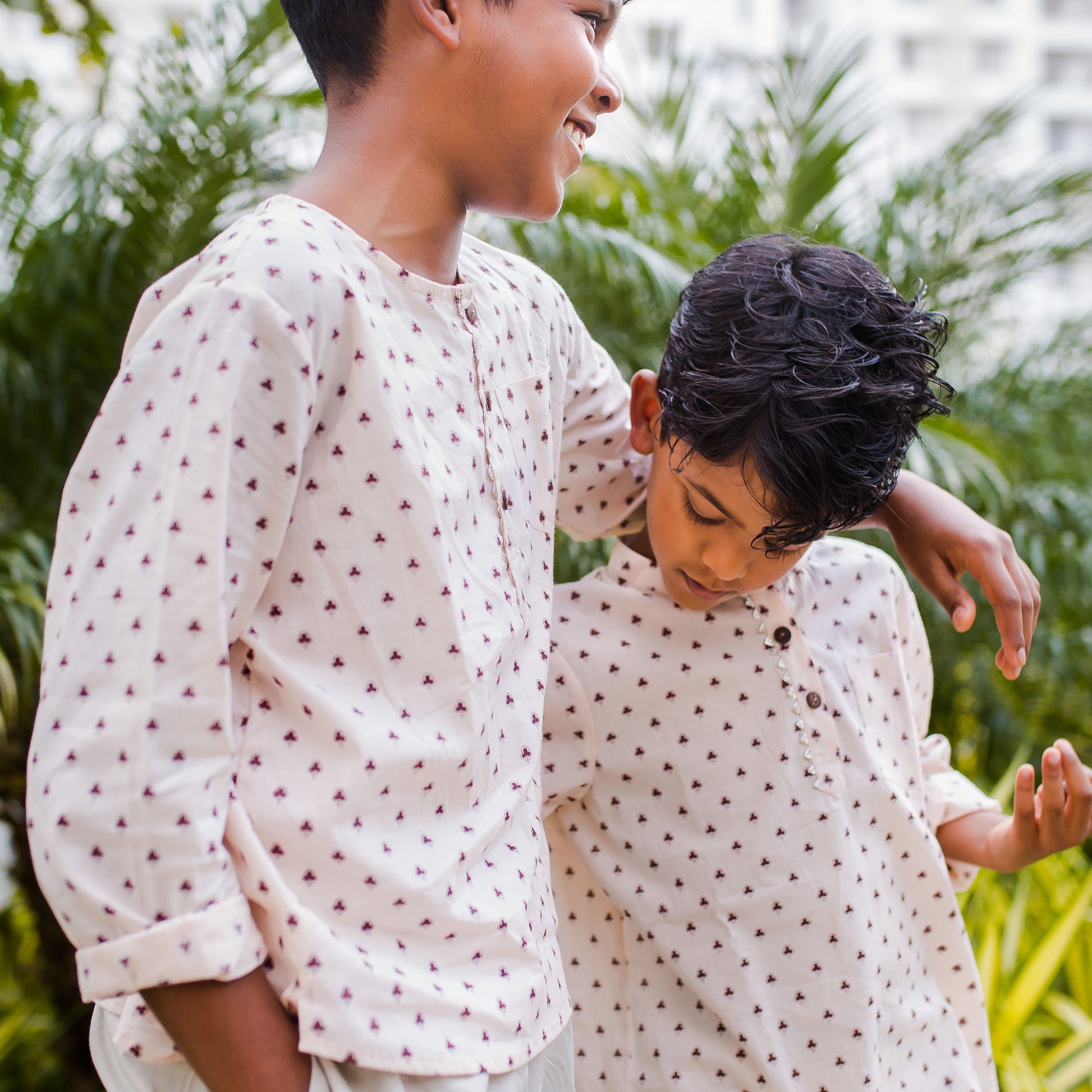 Boys Cotton Shirt Full Sleeves Peach Clover Print - 2 yrs to 12 yrs - Front