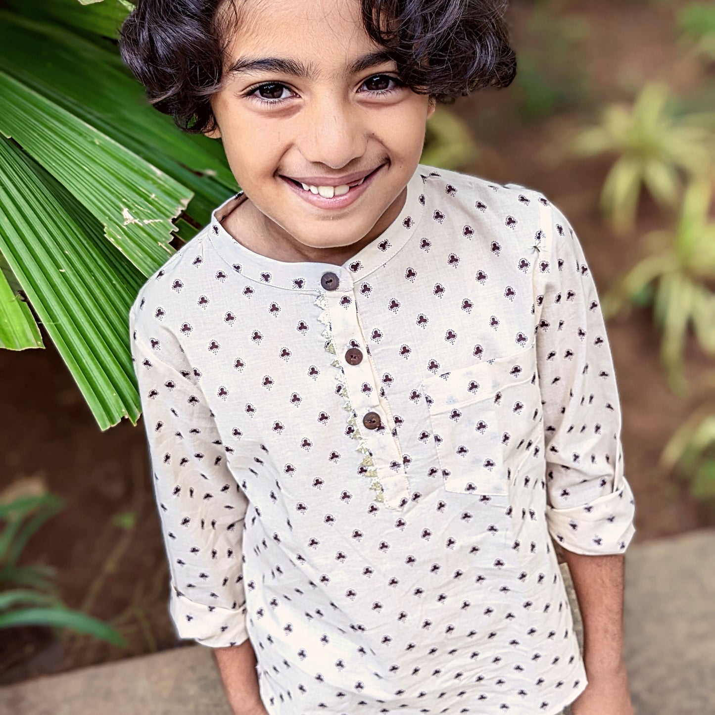 Boys Cotton Shirt Full Sleeves Peach Clover Print - 2 yrs to 12 yrs - Front