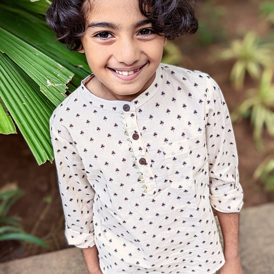Boys Cotton Shirt Full Sleeves Peach Clover Print - 2 yrs to 12 yrs - Front
