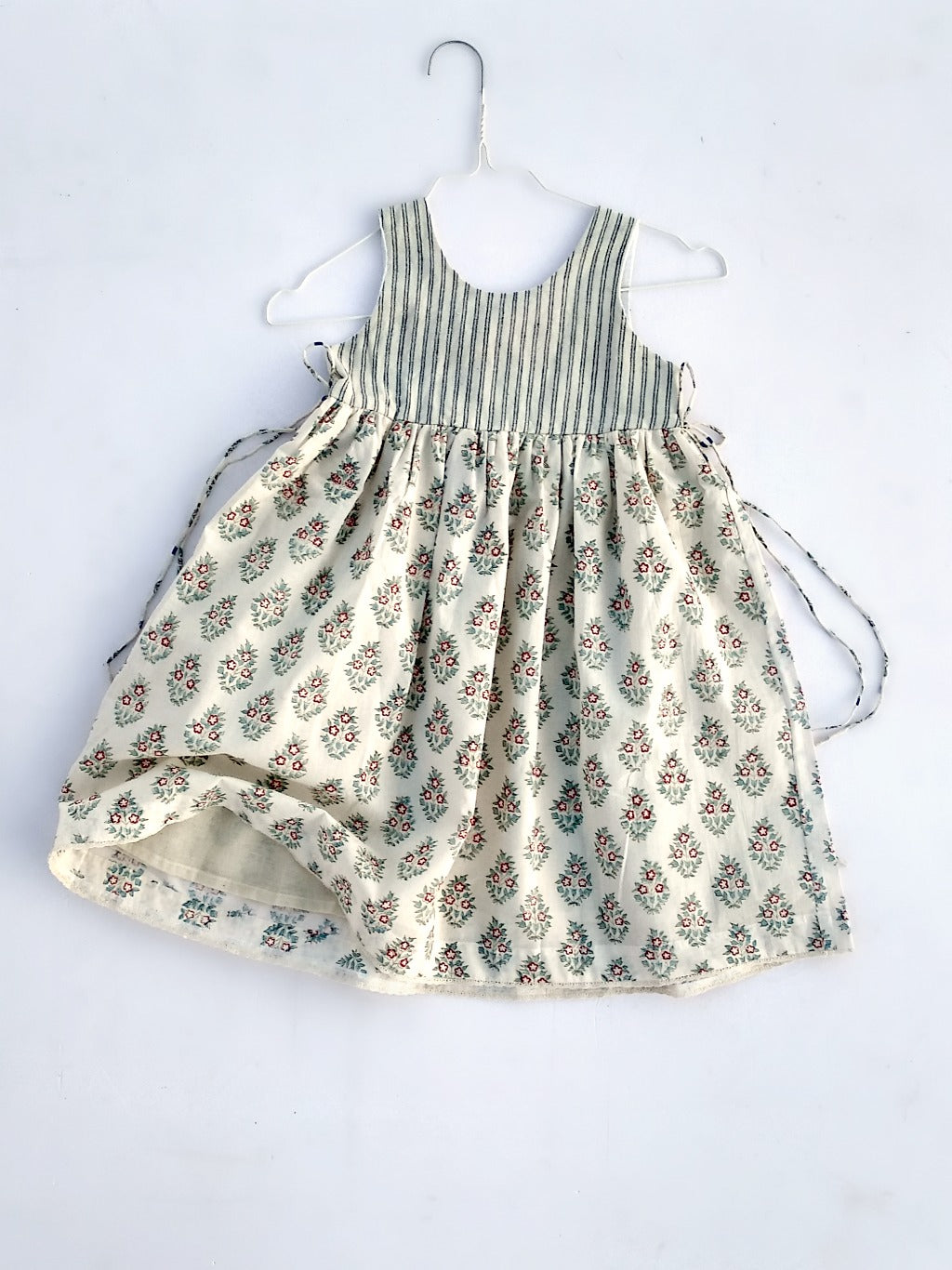 Girls festive dress in stripe/block printed organic cotton