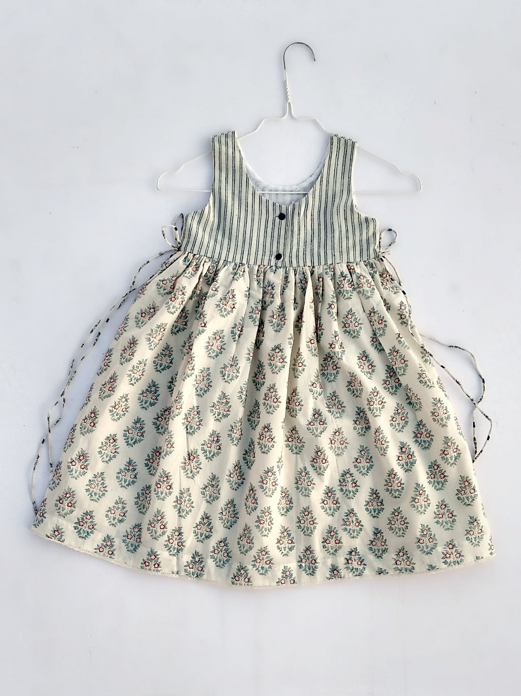 Girls festive dress in stripe/block printed organic cotton