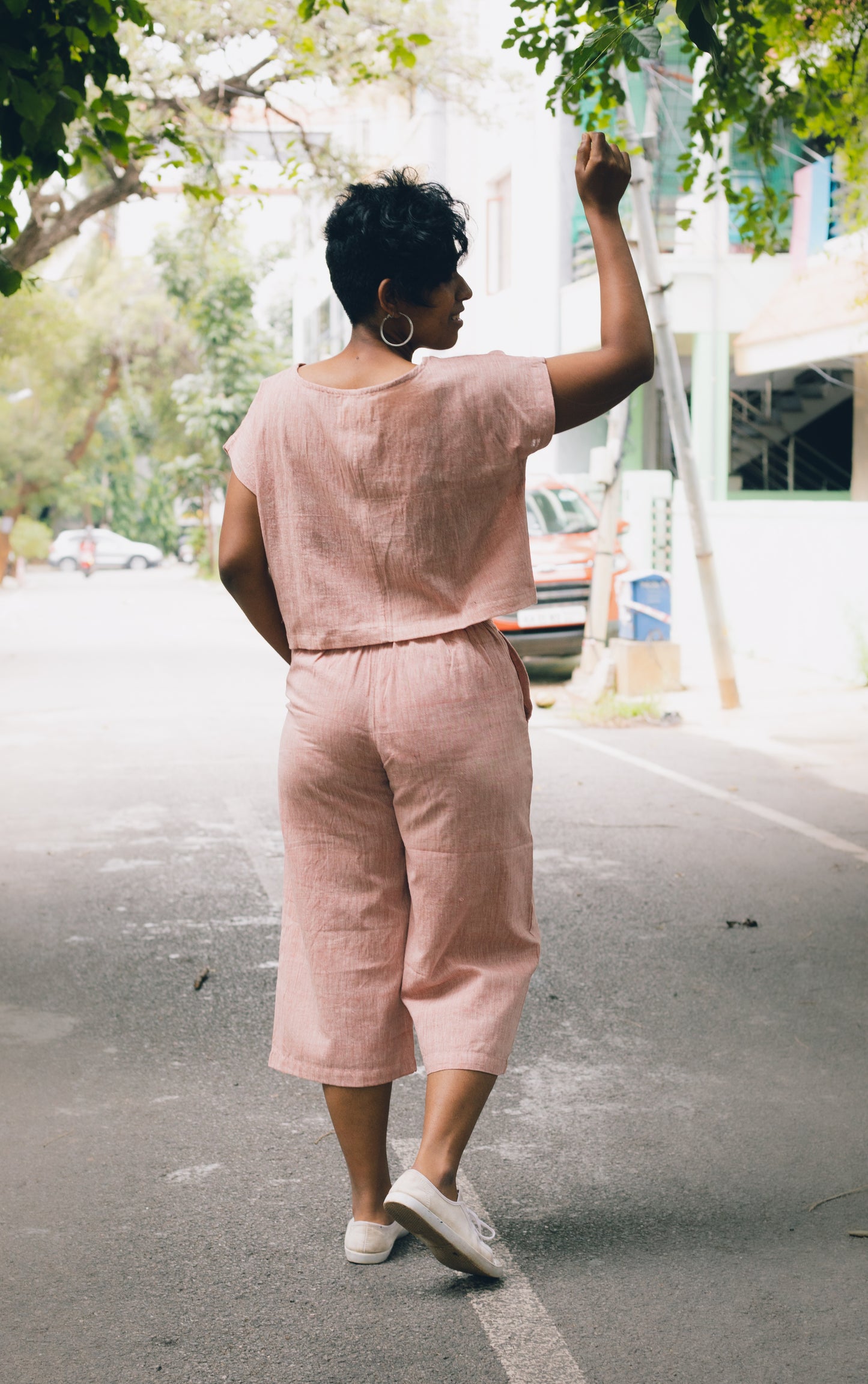 Pantalon femme Zen en coton tissé main rose