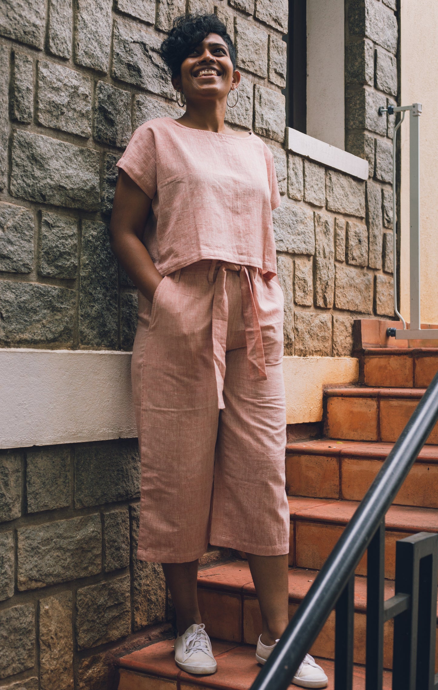 Pantalon femme Zen en coton tissé main rose
