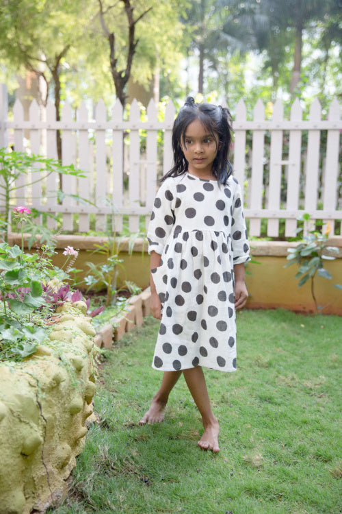 Polka Dot Cotton knee length dress for girls 1yr to 8 yrs - Front