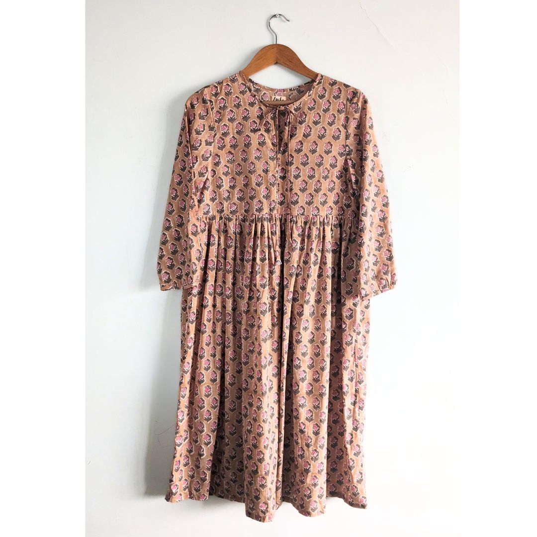Women's Cotton  Dress  with long Sleeves, Ochre with Pink Flower -  Front Image 1