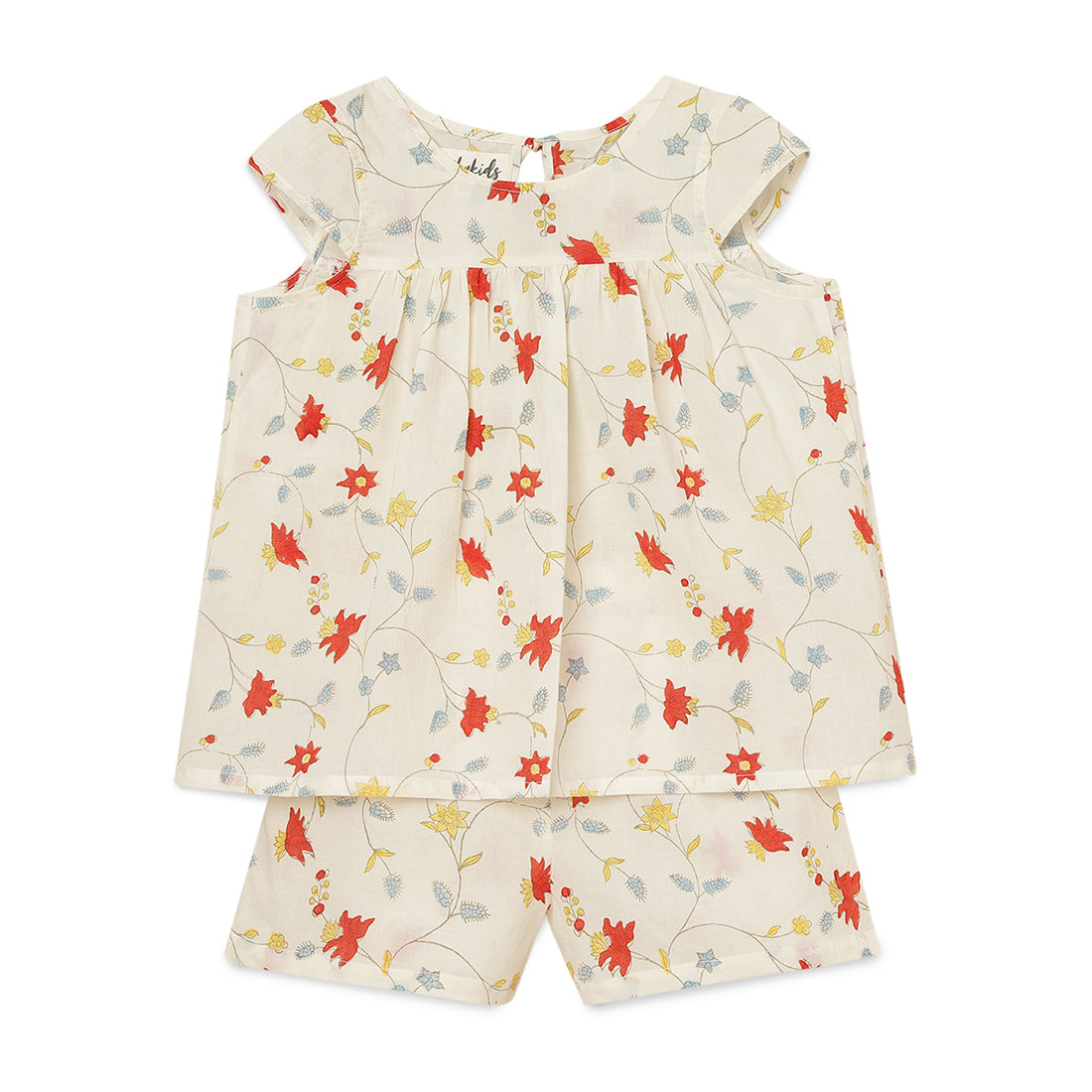 Girls Cotton Flared Top and  Elastic Cotton Shorts Set with Poppy Red Block Print 2 yrs to 6 yrs