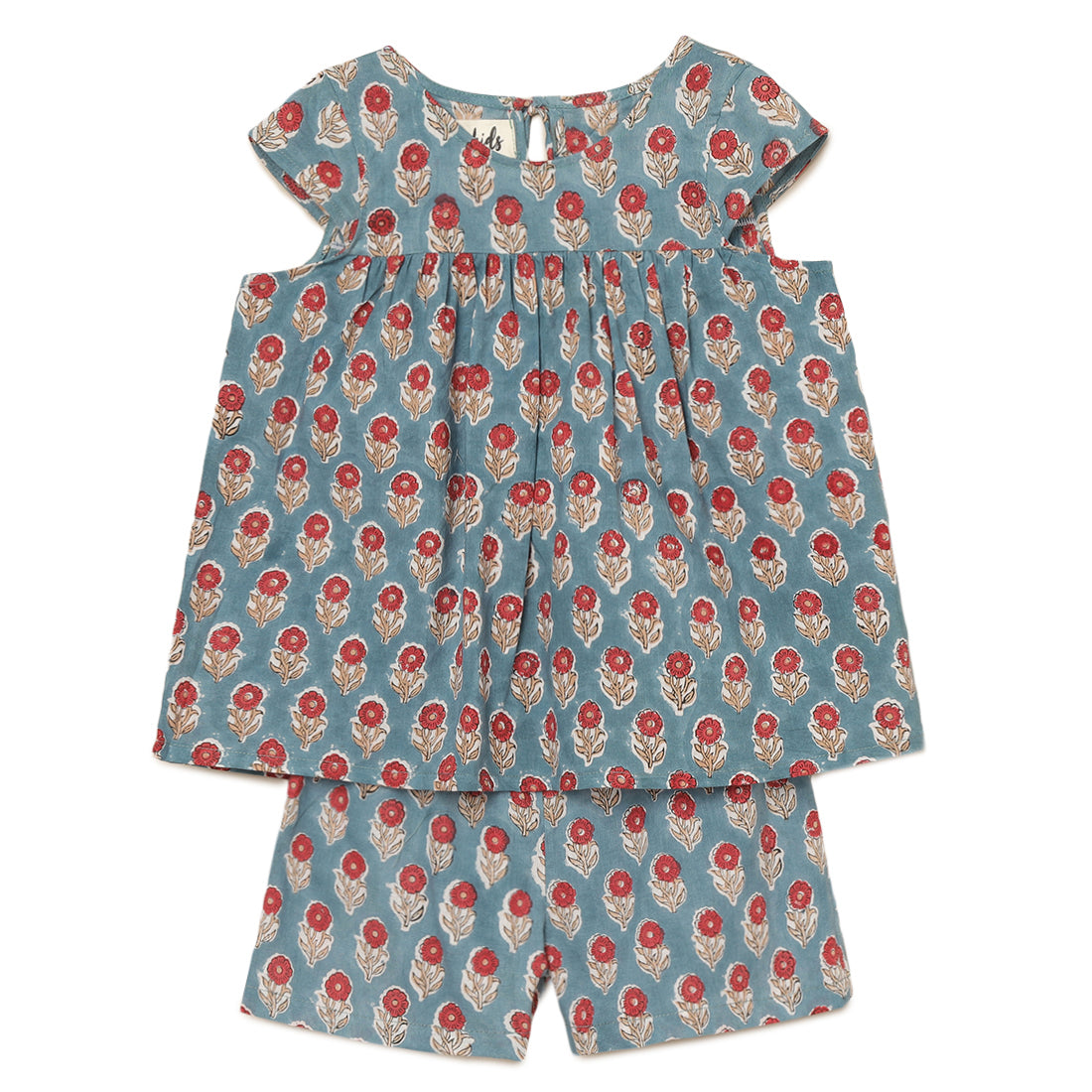 Girls Cotton Flared Top and  Elastic Cotton Shorts Set with Teal and Red Flower Block Print 2 yrs to 6 yrs