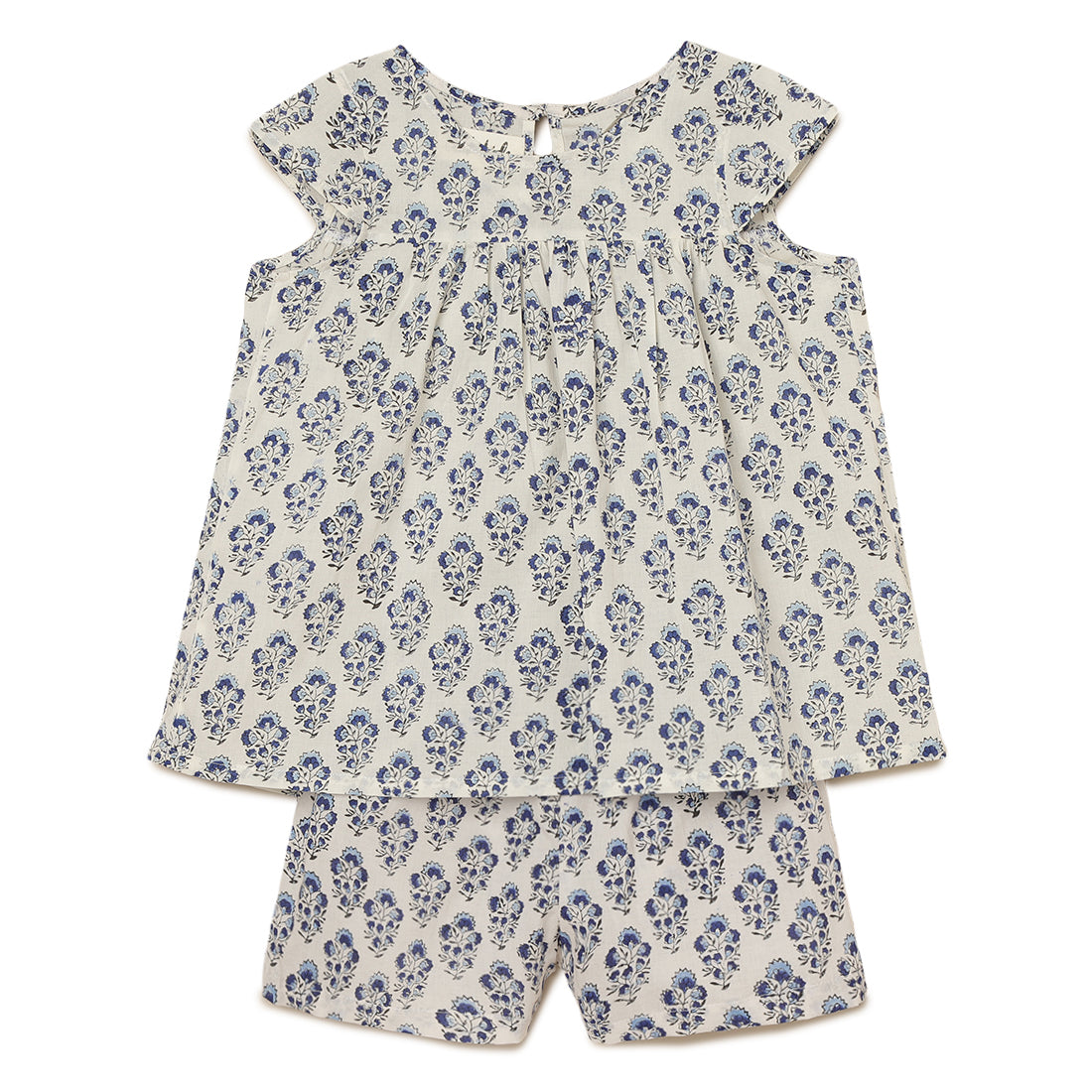 Girls Cotton Flared Top and  Elastic Cotton Shorts Set with Dark Blue Block Print 2 yrs to 6 yrs 