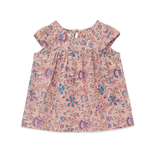 Girls Cotton Flared Top, Light Brown, Multicolor Block Print for 2 yrs to 6 yrs - Front