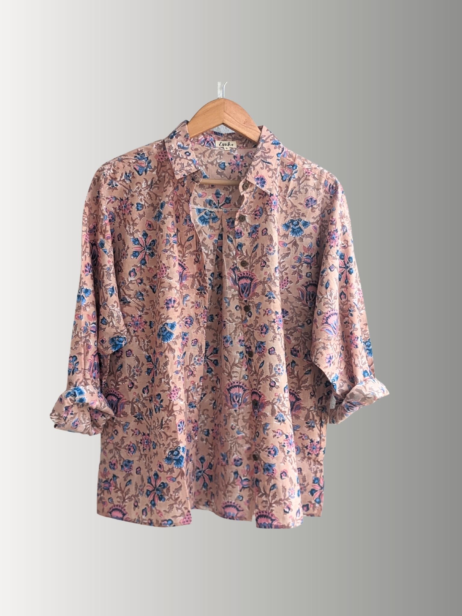 Women's Cotton full sleeves loose fitting, Casual wear shirt, Light brown with Blue and Pink  in 4 sizes (S, M, L, XL)