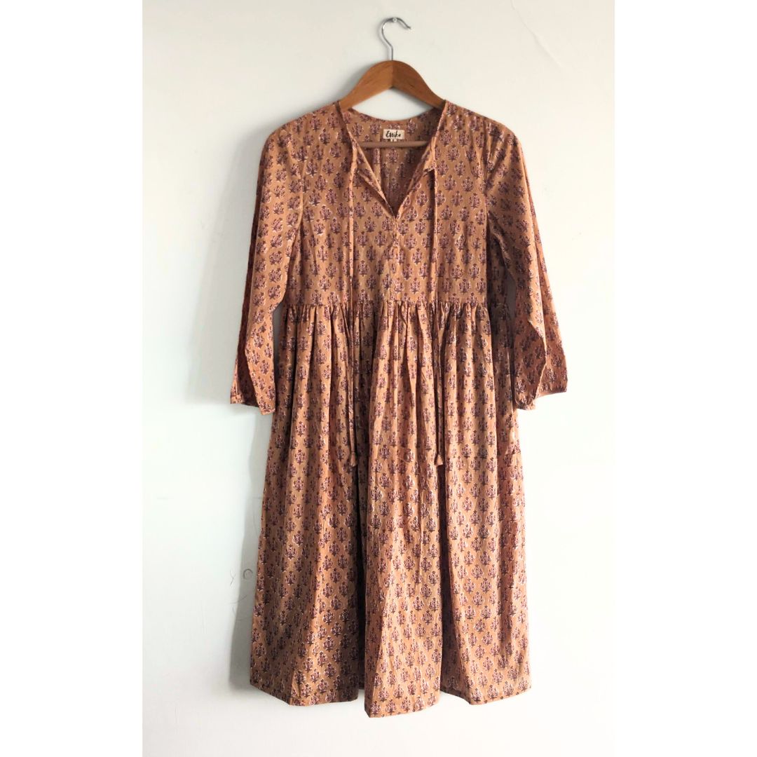 Women's Cotton  Dress  with long Sleeves, Brown and Lavender -  Front Image 1