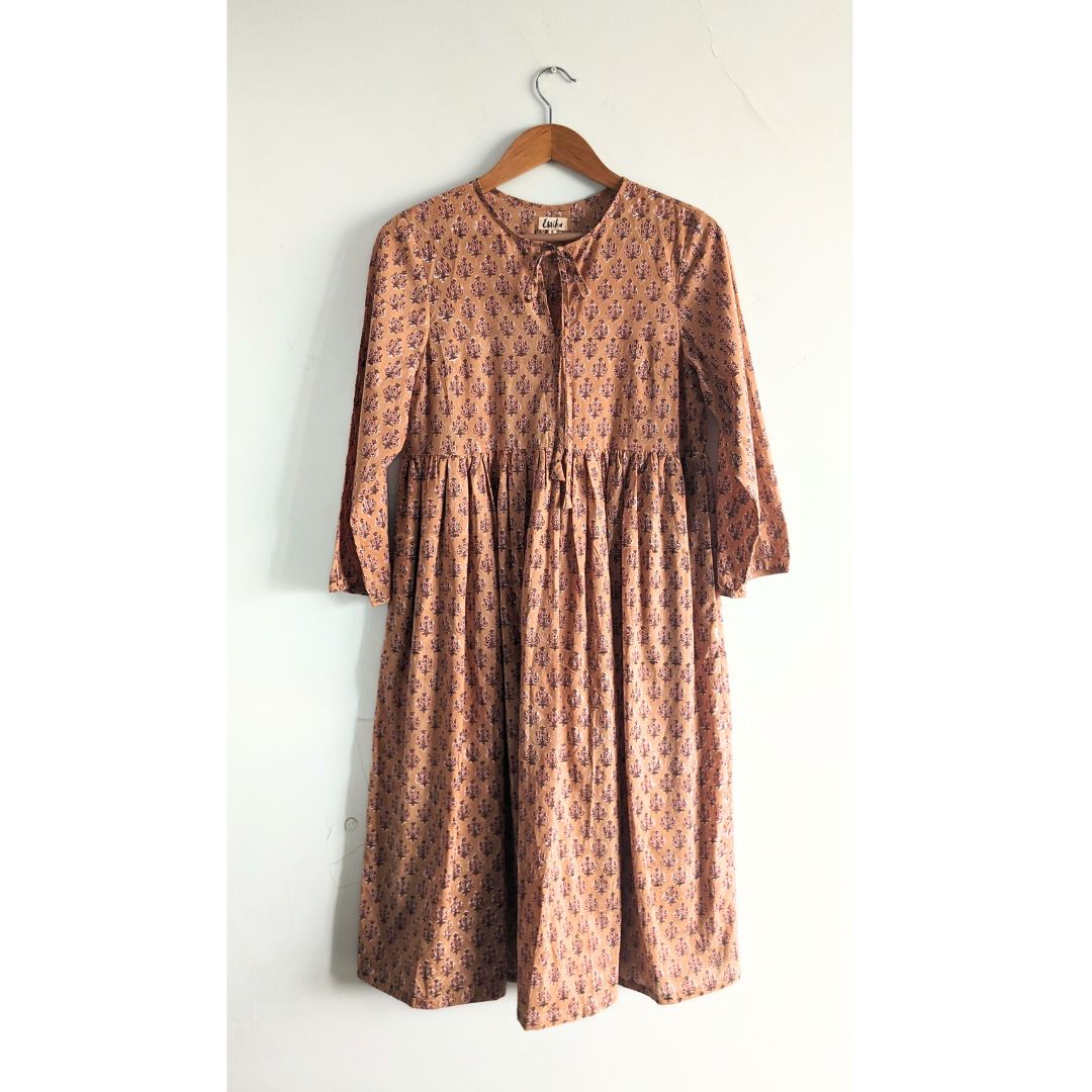 Women's Cotton  Dress  with long Sleeves, Brown and Lavender -  Front Image 2