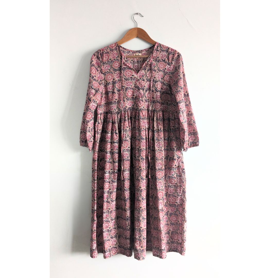 Women's Cotton  Dress  with long Sleeves, Pink and Sandal -  Front Image 1